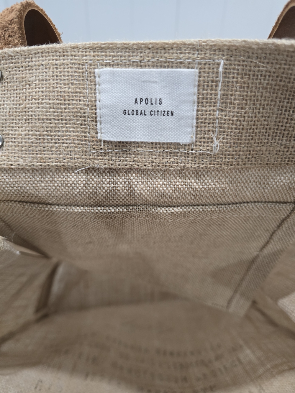 Magnolia Natural Burlap Tote with Brown Leather Handles - Picture 4 of 5